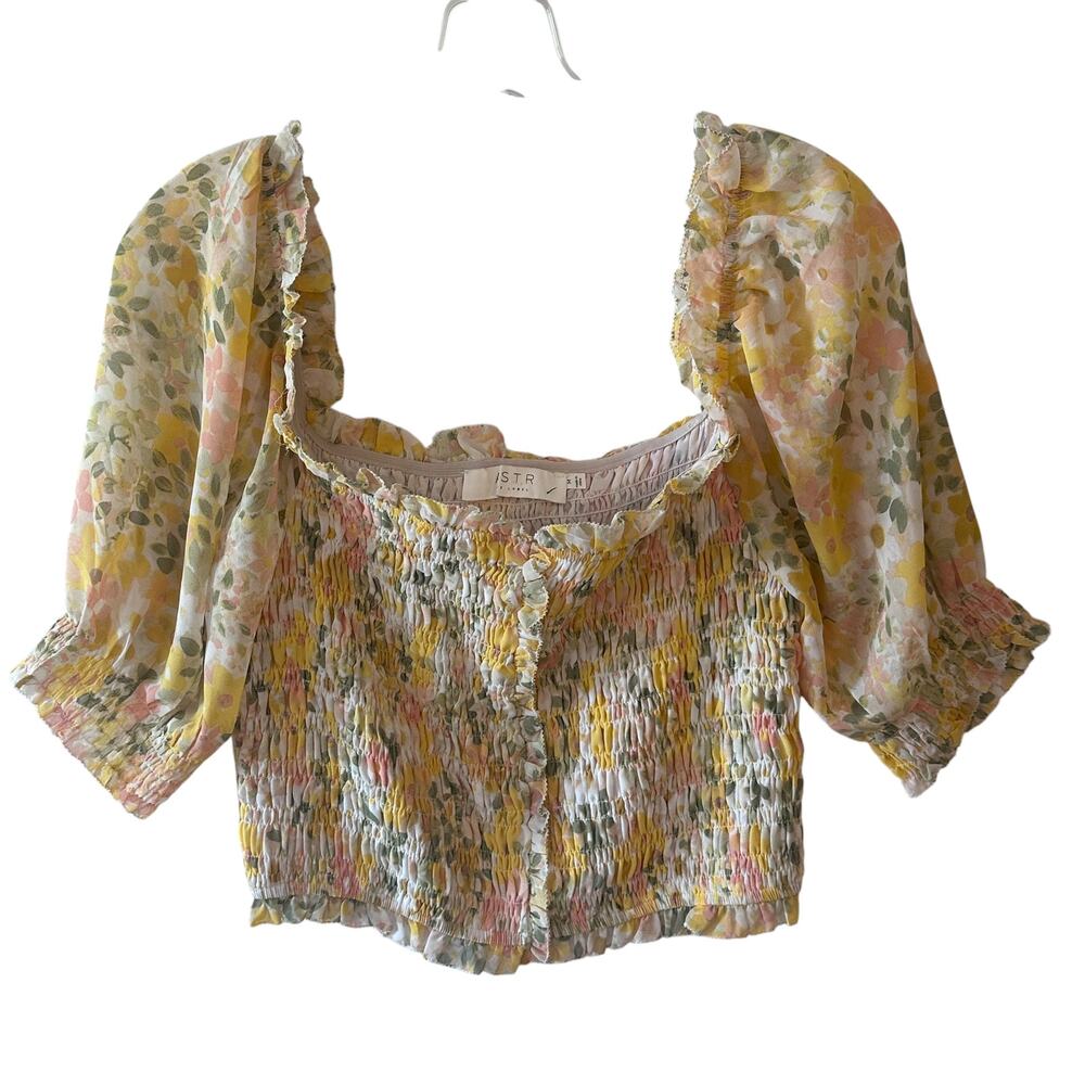 Astr Pastel Floral Smocked Square-Neck Blouse in Yellow and Pink - Picture 2 of 9